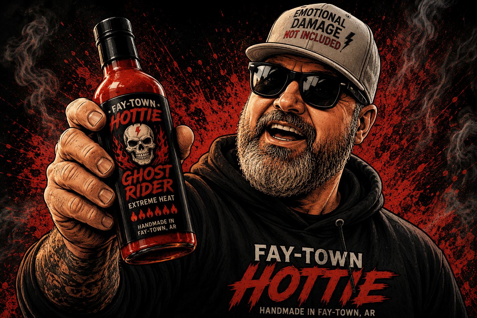 Fay-Town Hottie owner holding Ghost Rider hot sauce