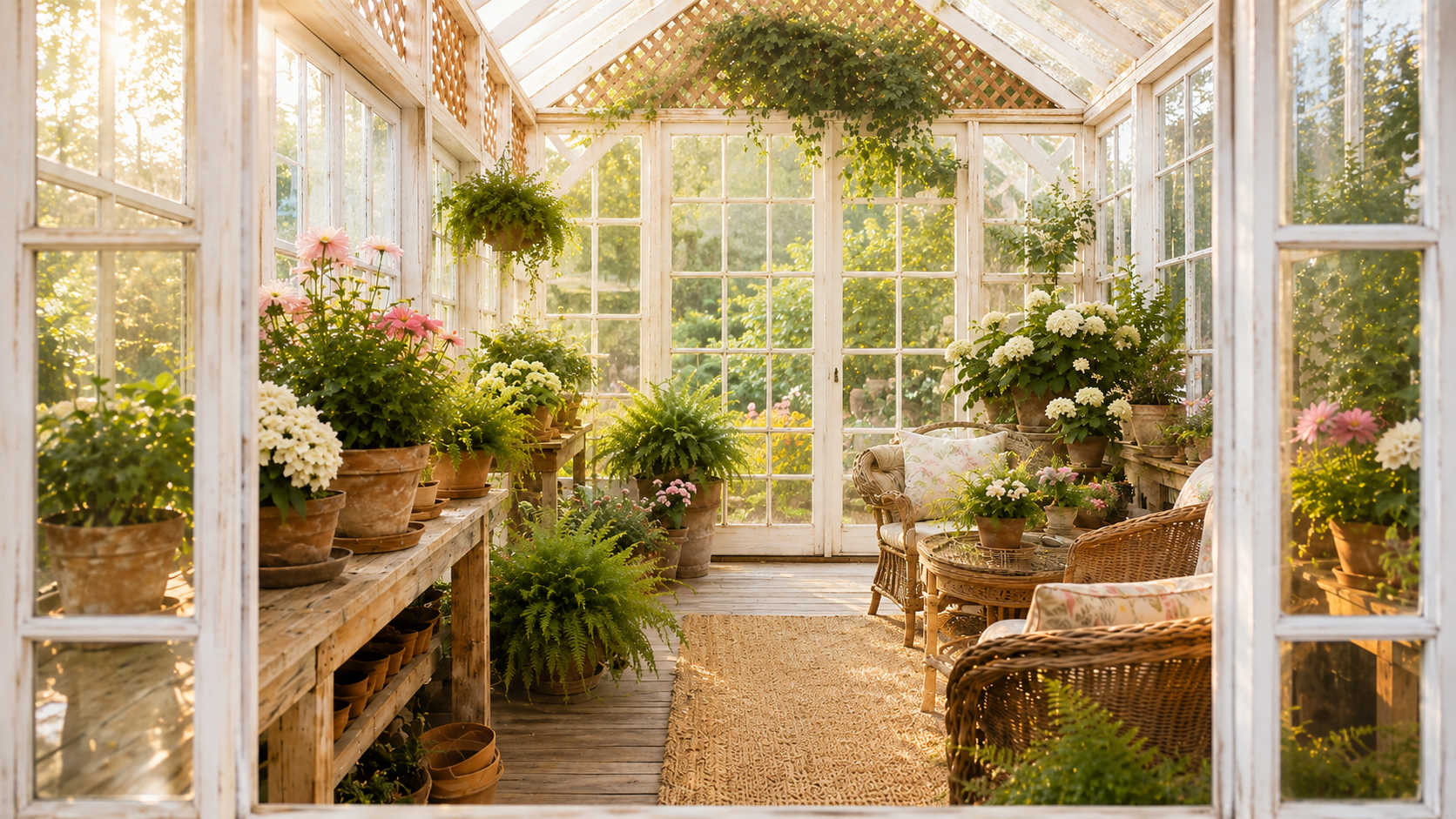 Sunlit vintage glasshouse interior filled with flowers, greenery, and wicker seating