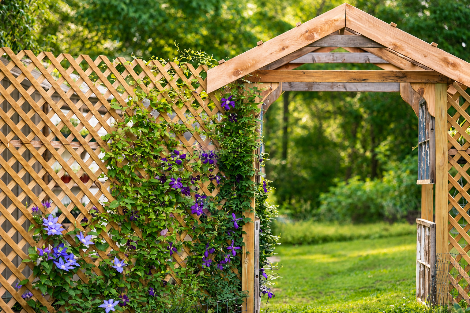 Flower-covered garden archway at Petals and Panes