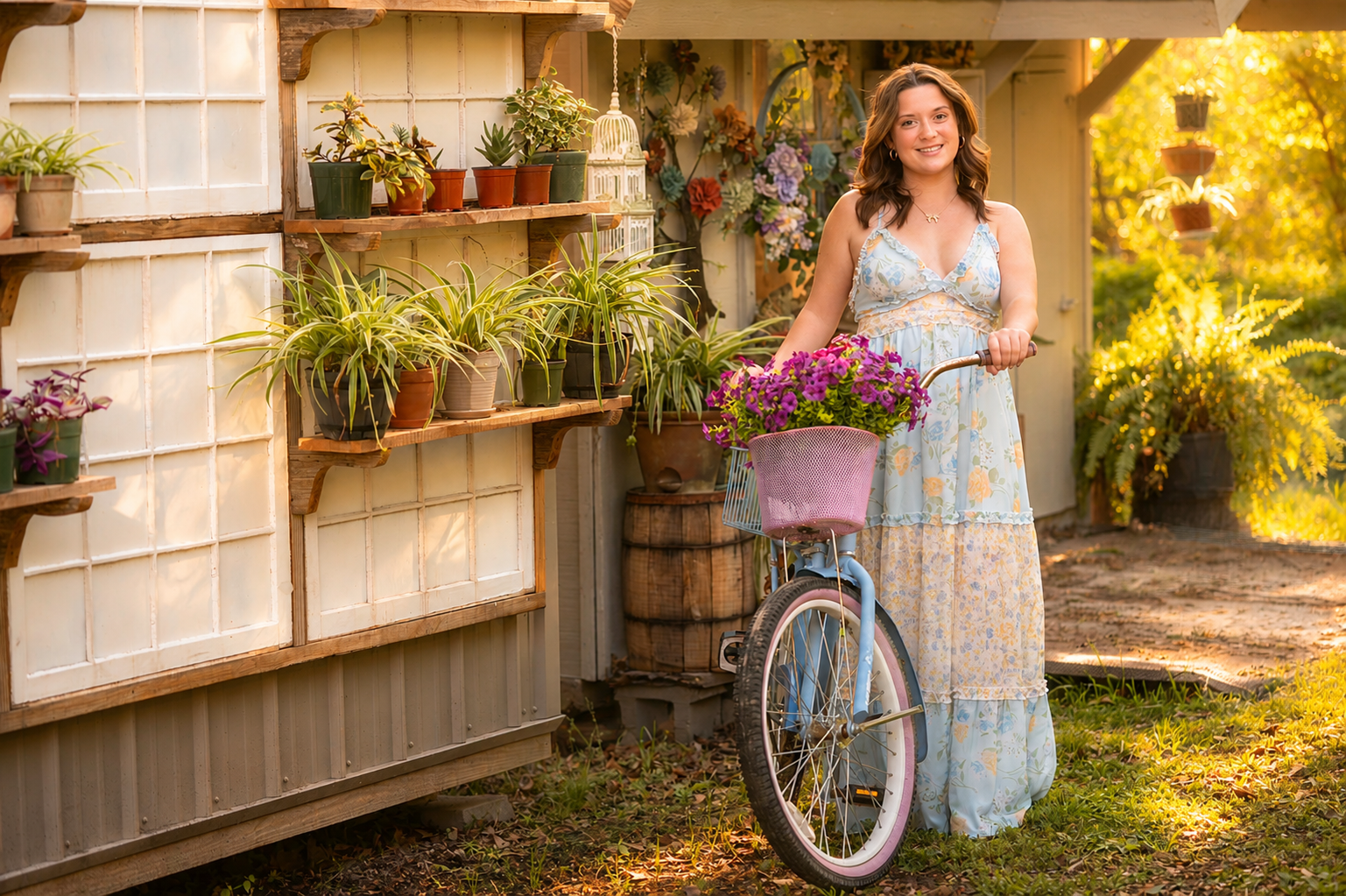 Portrait beside vintage bicycle garden corner