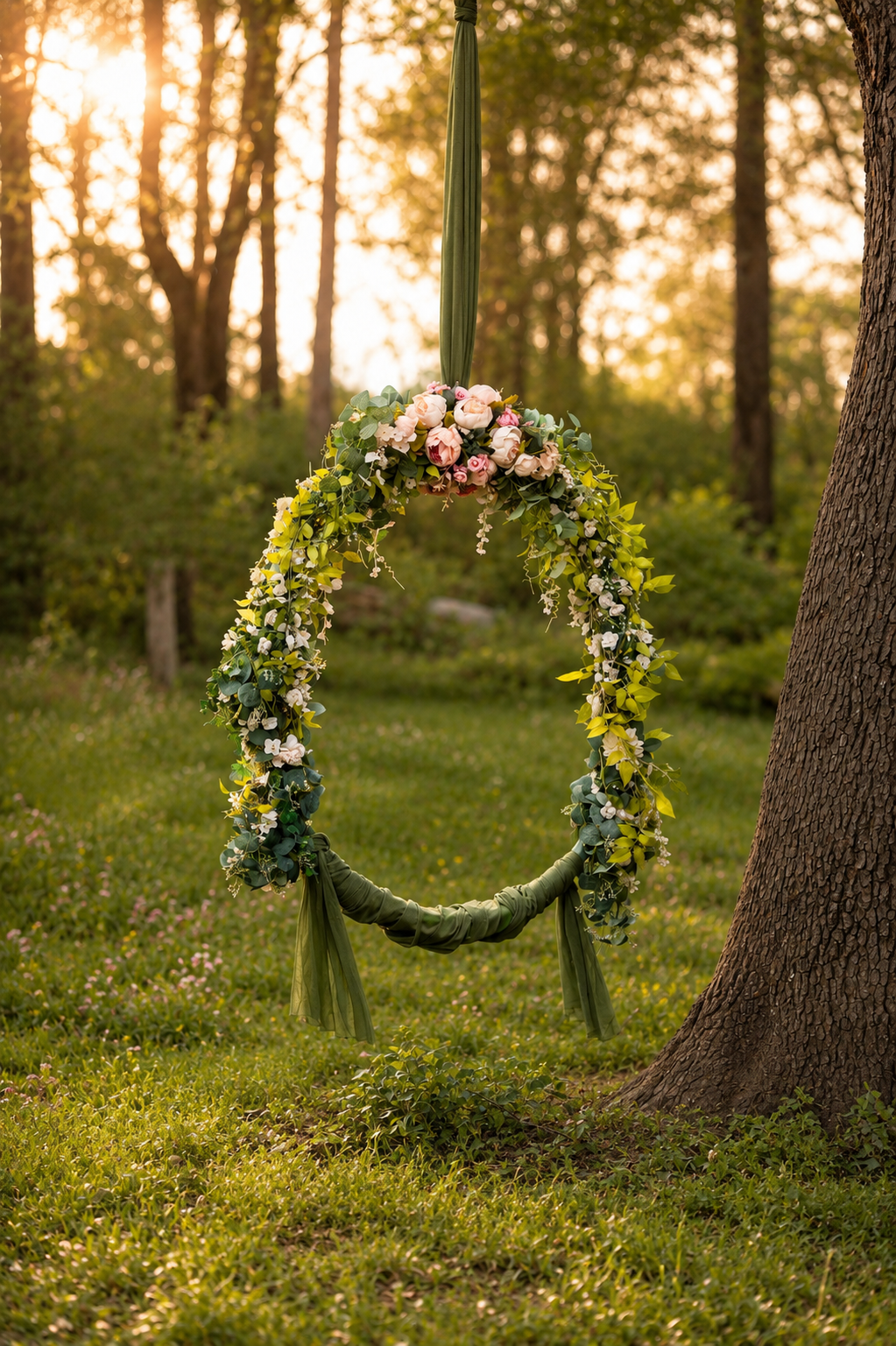 Floral swing hanging from a tree
