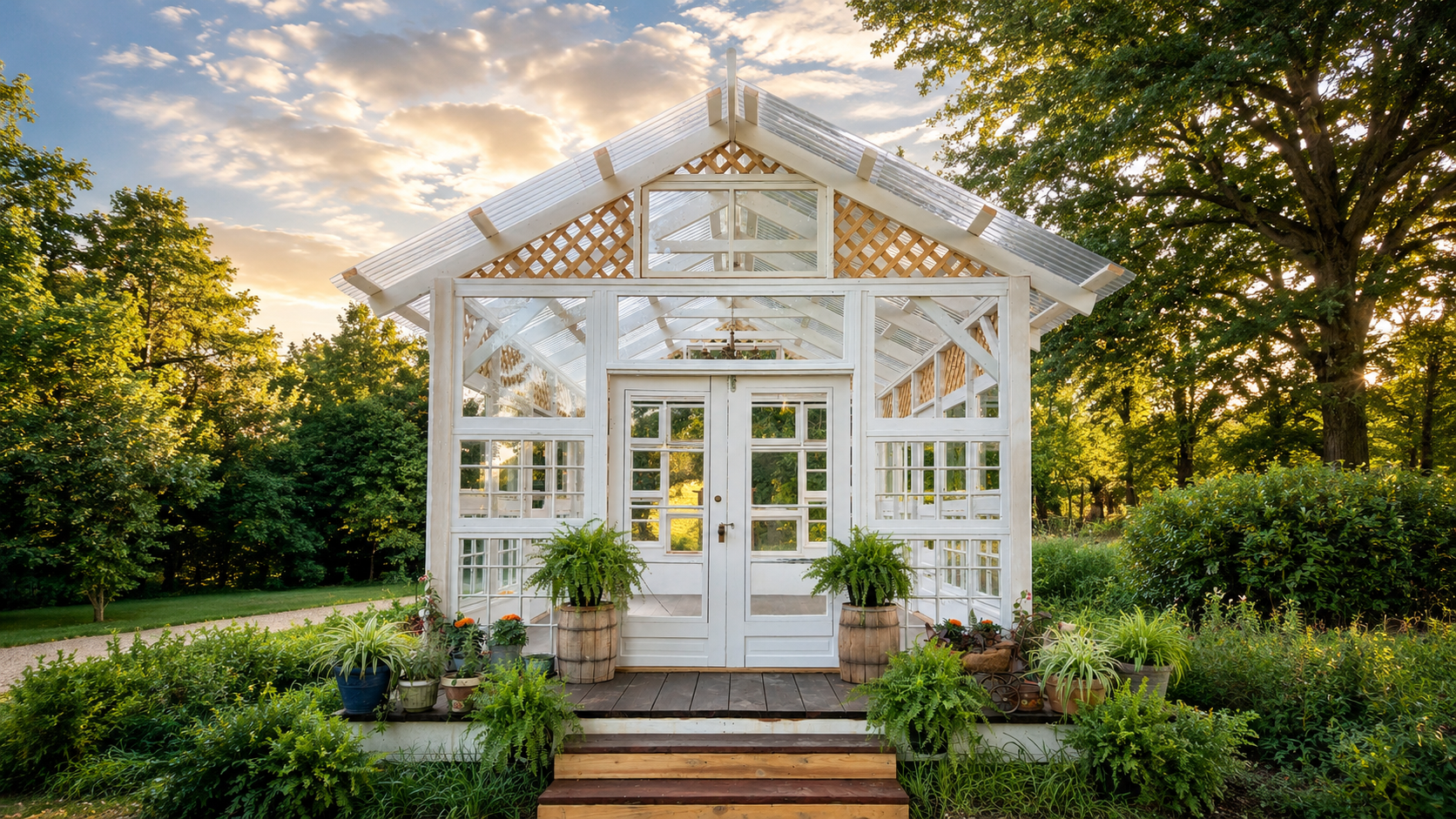 Petals and Panes vintage garden glasshouse exterior