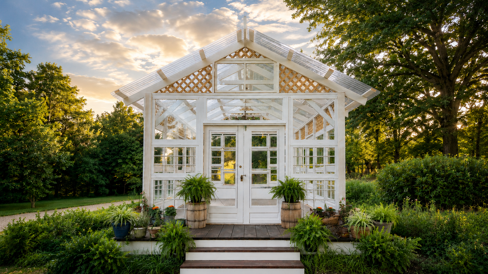 Petals and Panes vintage garden glasshouse at golden hour