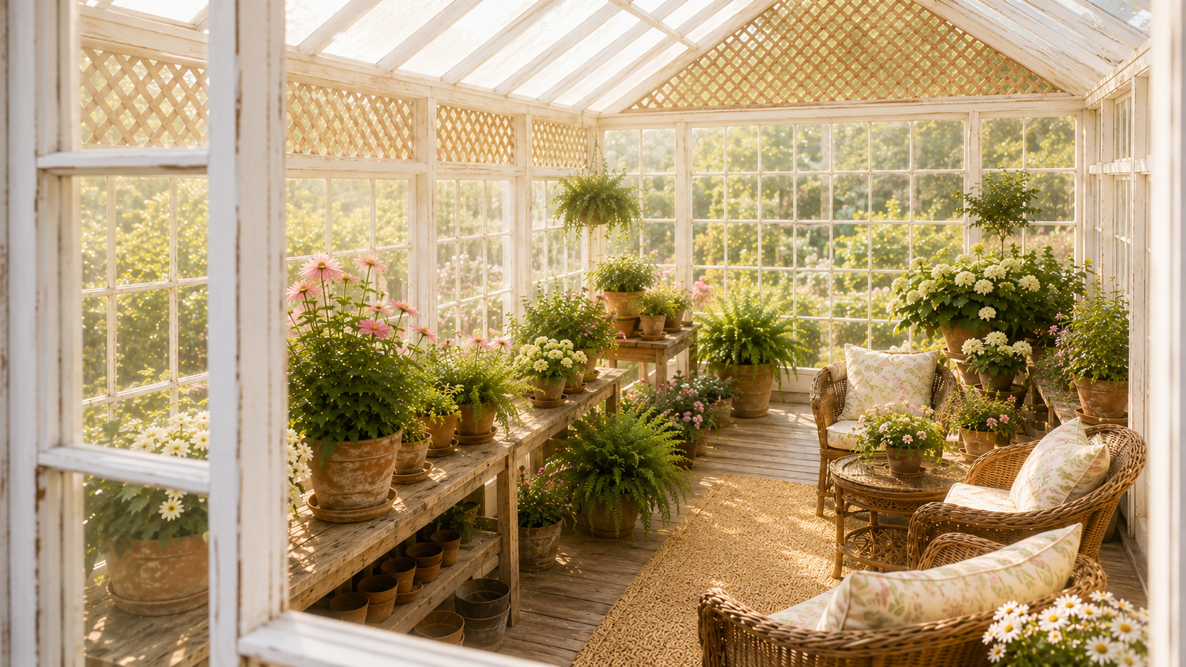 Sunlit interior of the Petals and Panes vintage garden glasshouse viewed through a window