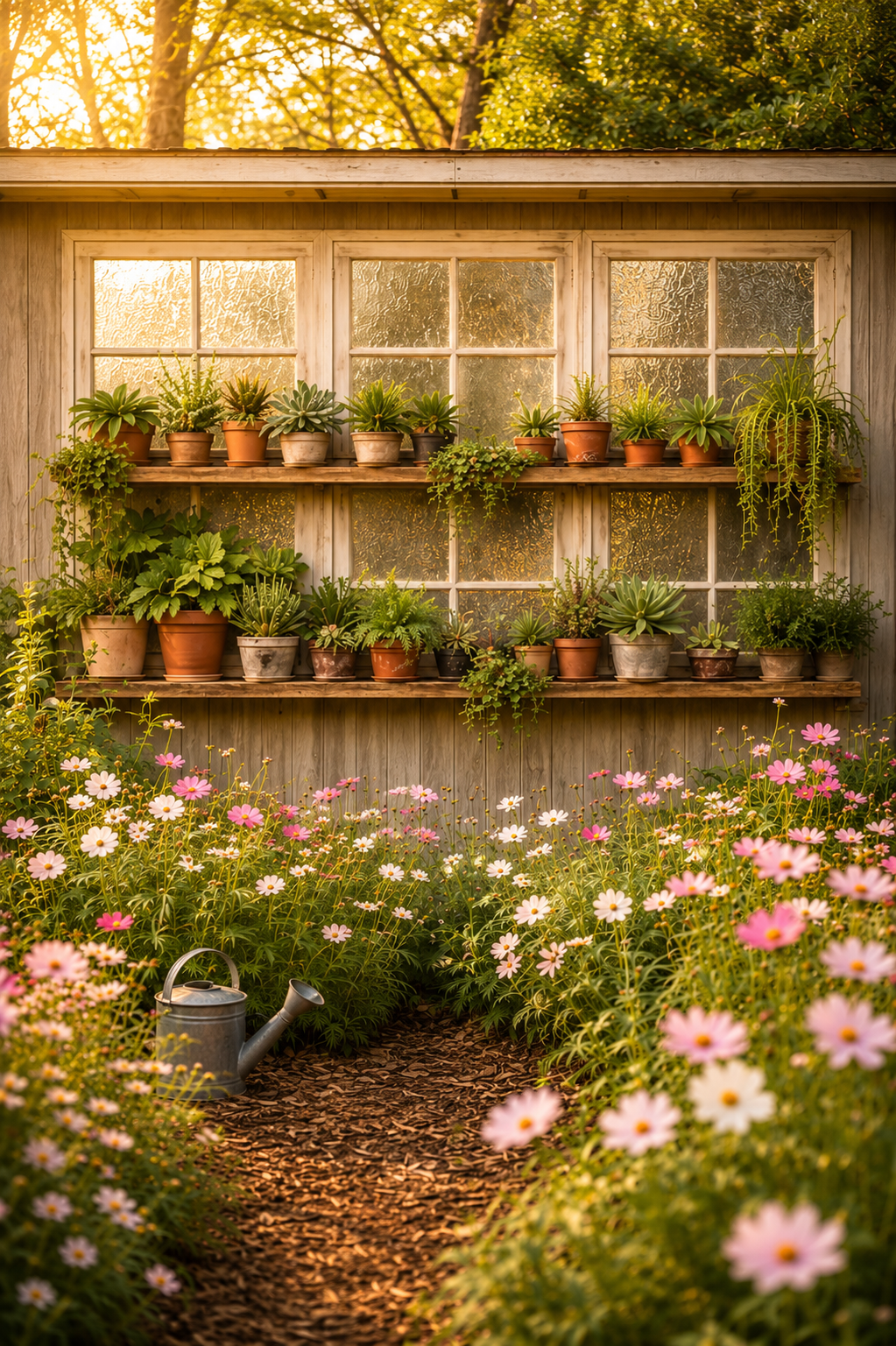 Potting wall and garden flowers