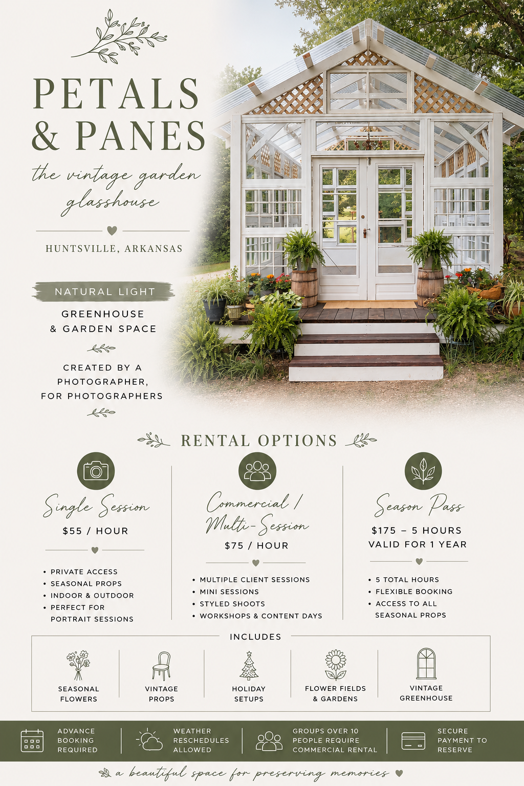 Petals and Panes rental options and pricing guide