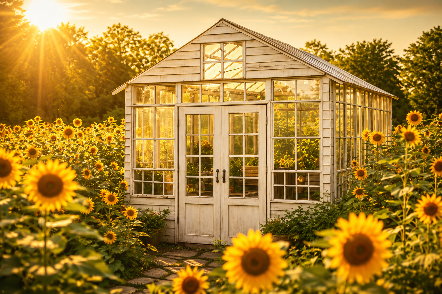 Vintage glasshouse surrounded by seasonal flowers